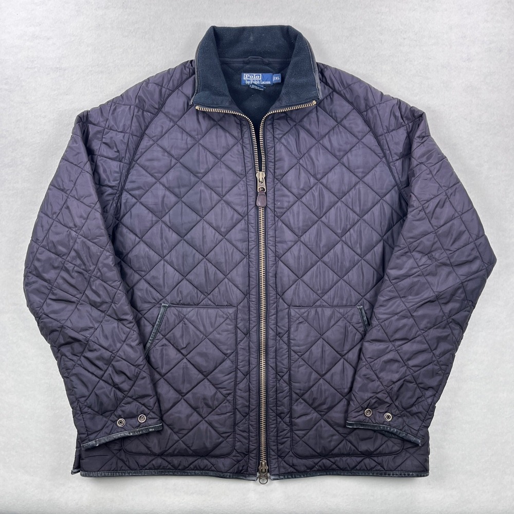 Polo Ralph Lauren Mens XL Quilted Jacket Black Leather Trim Fleece Collar